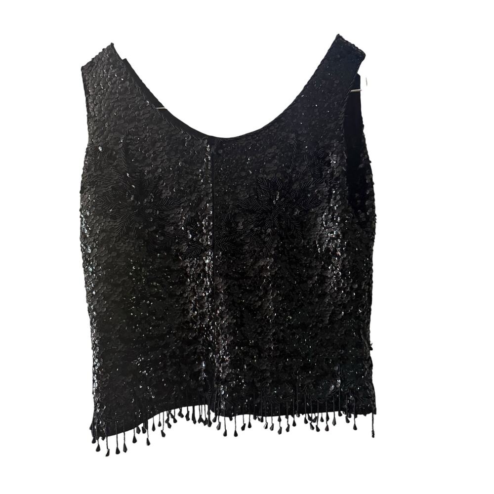 White Front Vintage Black Sequin Beaded Fringe Tank Top | Hand Decorated - Picture 2 of 7
